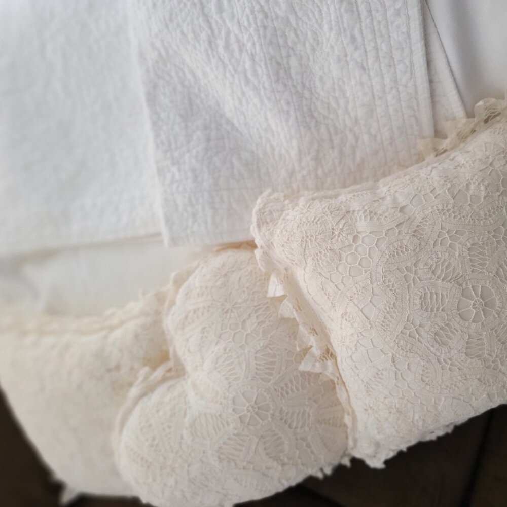 Winter White Ivory Bedding Throw Pillows Embroidered Shams, Bedskirt